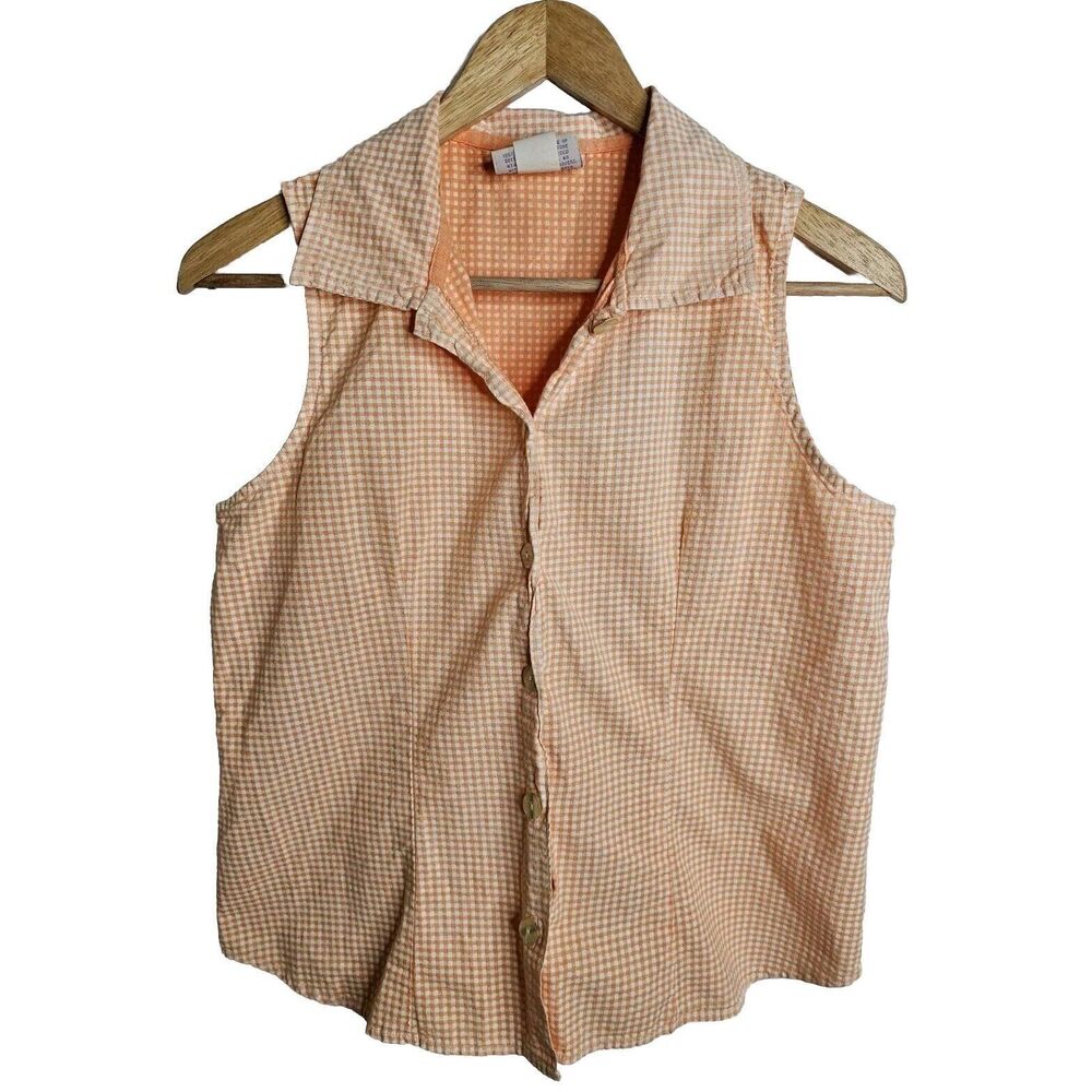fresh produce Peach Gingham Sleeveless Button-Front Blouse